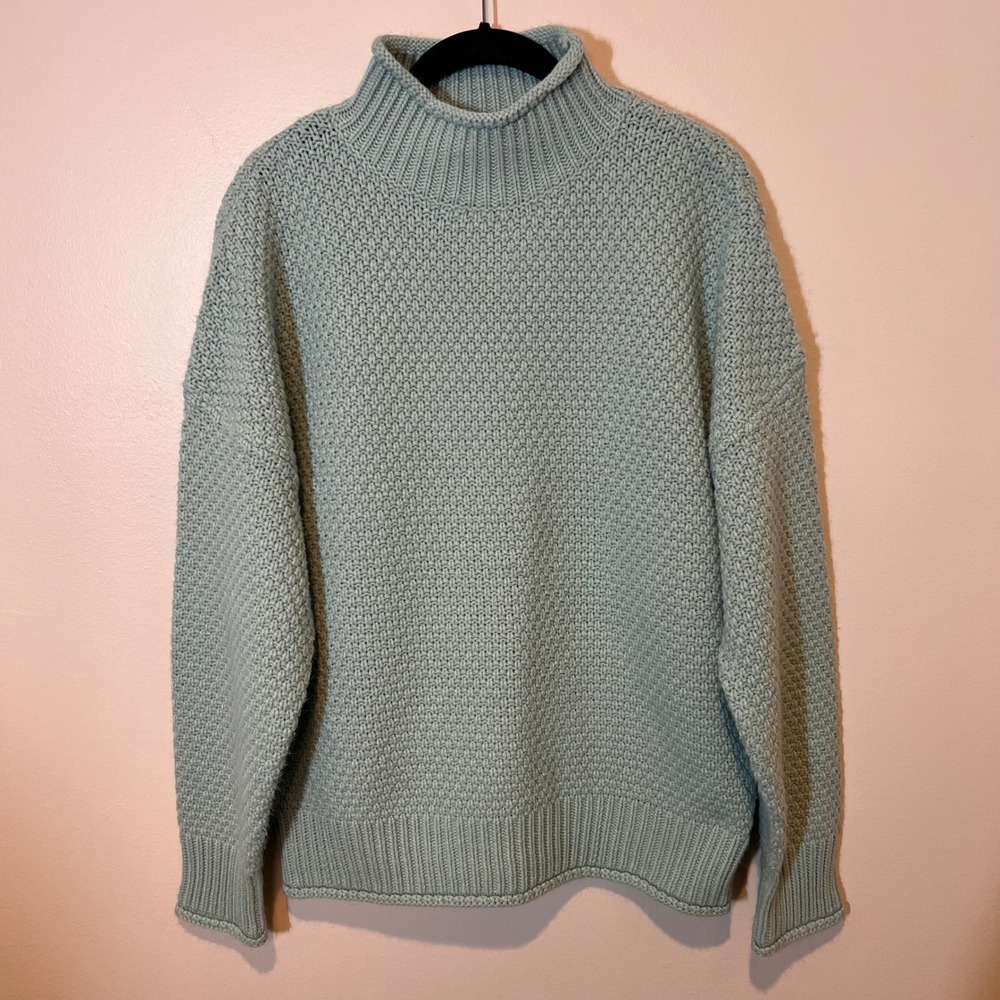 Womens Cozy Winter Sweater in Aqua Blue  Mock‎ Neck Heavy Warm Ribbed Knit Large - Picture 2 of 14